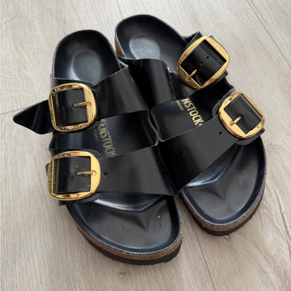 Birkenstock Arizona Black Sandals with Large Gold Buckles